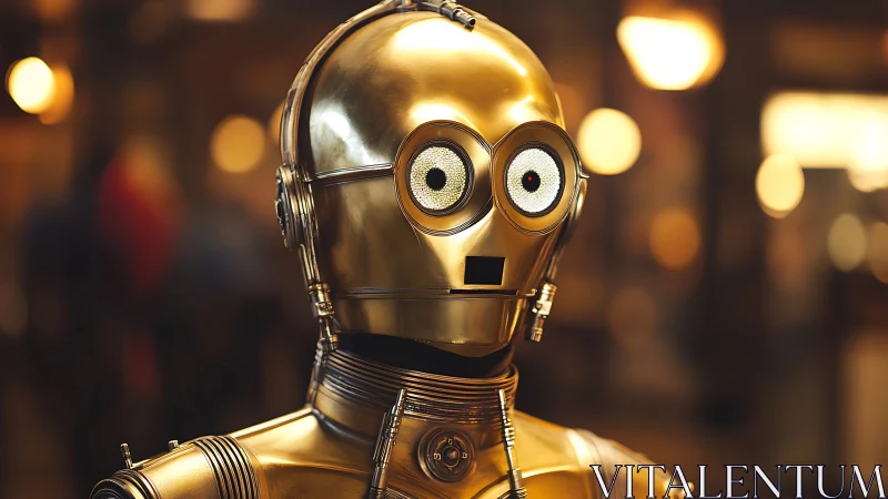 Gold humanoid protocol droid with retro-optical sensors in bokeh-lit hall