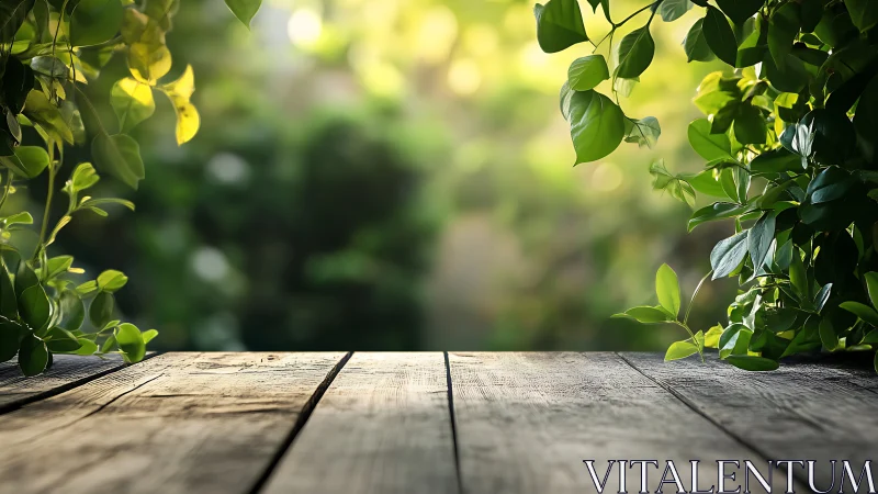 Weathered timber surface framed by soft-focus foliage demonstrates shallow depth-of-field photograph