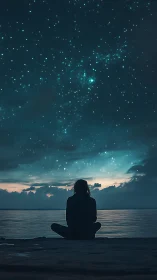 Silhouetted shoreline observer under dense stellar canopy at dusk.