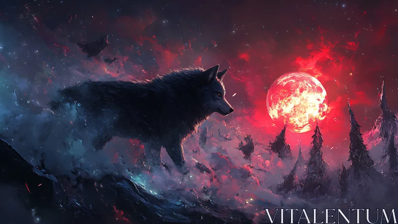 Lone wolf crossing misty ridge under blazing red moon.