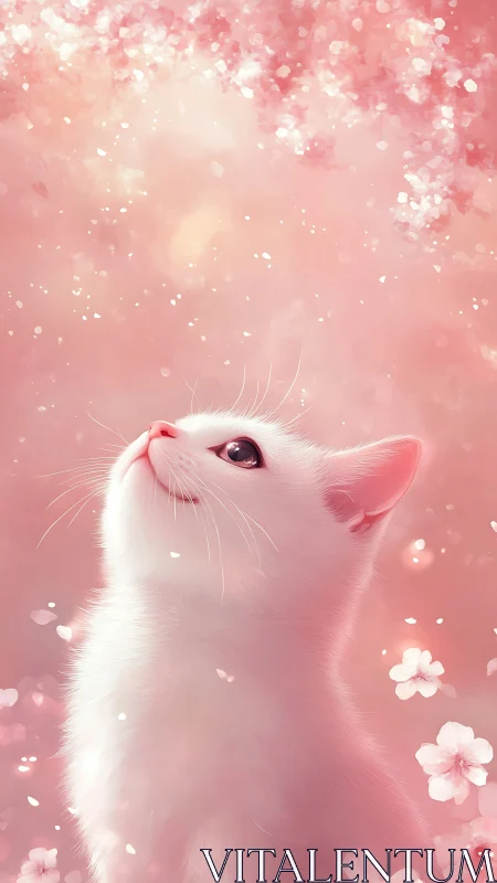 White Cat Gazing Upward in Pastel Pink Bokeh Environment
