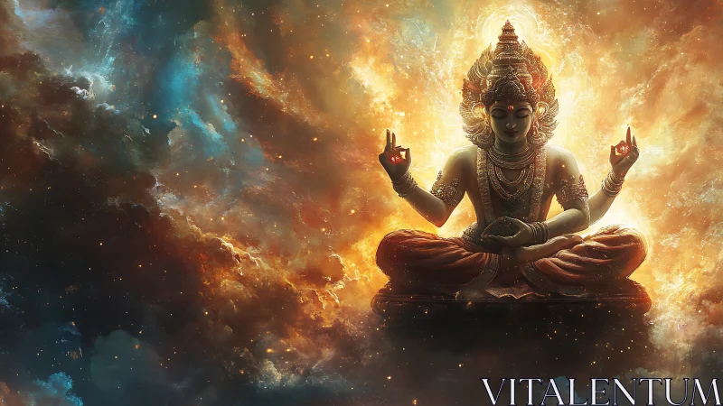 Cosmic lotus sage meditating inside a star-born blaze.