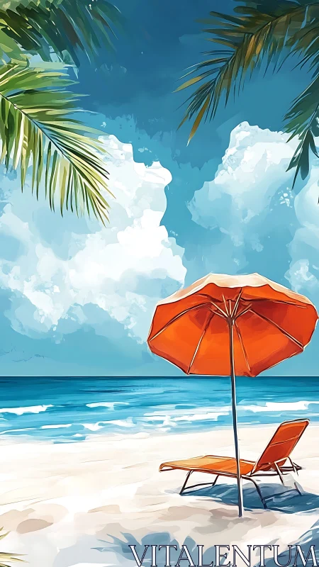 Orange beach umbrella and lounger under tropical midday sky