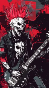 Skeletal punk guitarist with neon mohawk in splatter chaos.