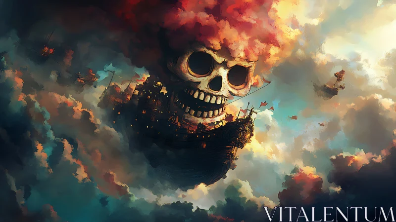 Skyborne skull dreadnought sailing through burning clouds.