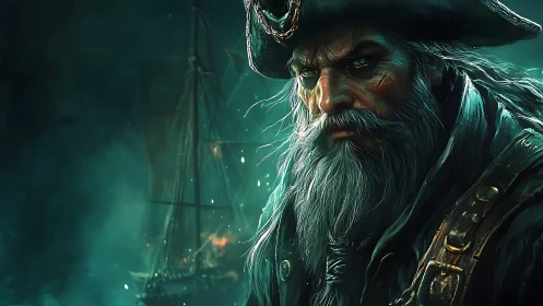 Weathered pirate captain glares over a burning ghost ship.