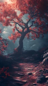 Crimson forest trail curves beneath luminous autumn canopy.