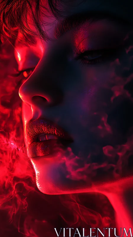 Velvet neon profile kissed by restless crimson smoke.