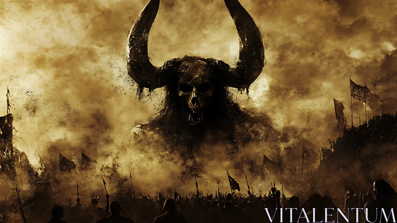 Colossal horned demon emerges over a war-torn battlefield.