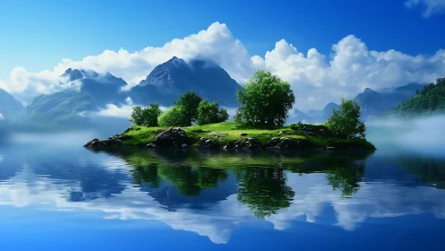 Misty Alpine Lake with Island and Mountain Peaks.