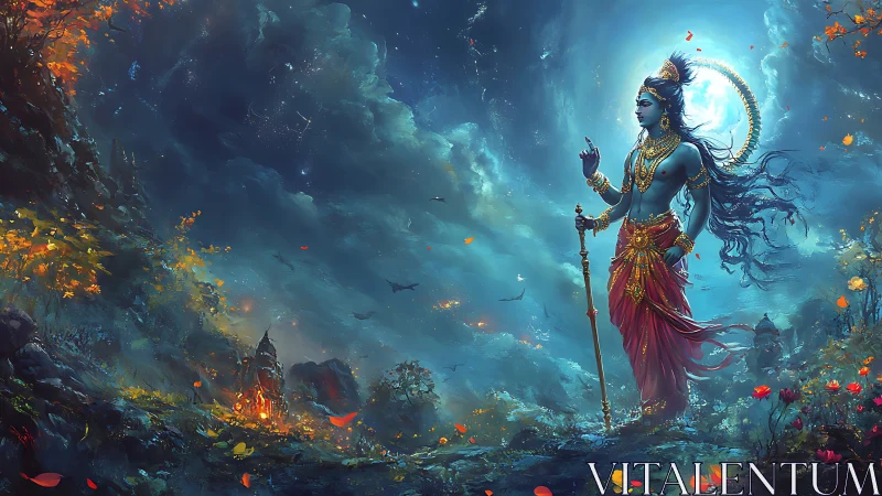 Divine blue figure walking through glowing mystical landscape.