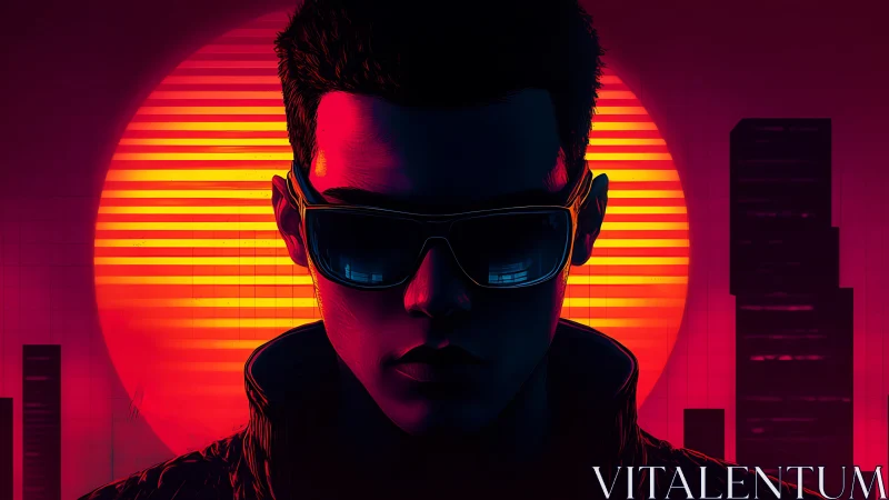 Neon-lit cyberpunk figure framed by blazing retro sun