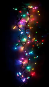 Vertical strand of multicolored LED fairy lights against black