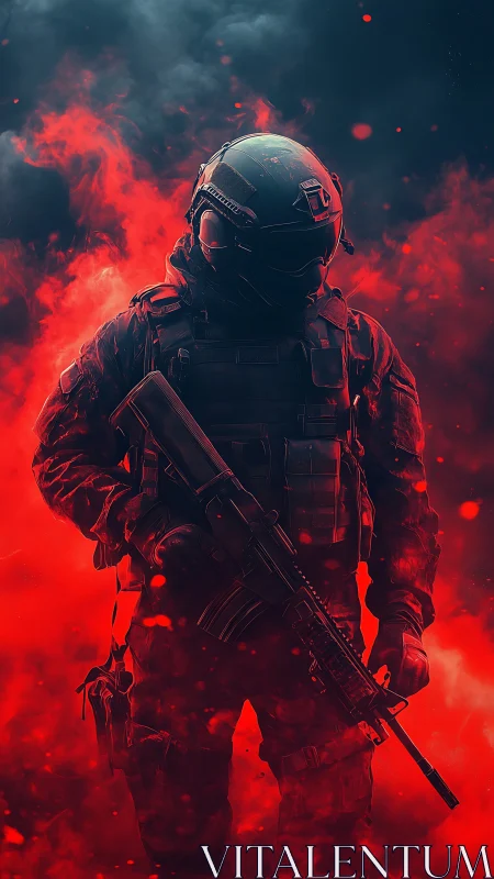 Armored guardian emerging through fiery red smoke.