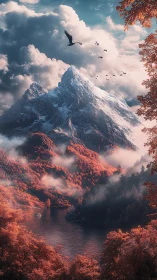 High-altitude alpine peak above crimson forest and reflective lake