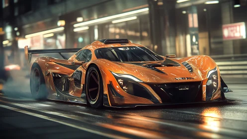 Hybrid aero supercar drifts through wet neon city street at speed