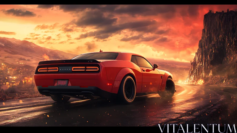 Red muscle car on molten sunset mountain highway.