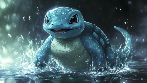 Playful blue turtle creature splashing happily in the rain.