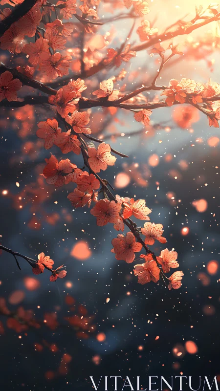 Digital painting of luminous cherry blossoms in cinematic light.