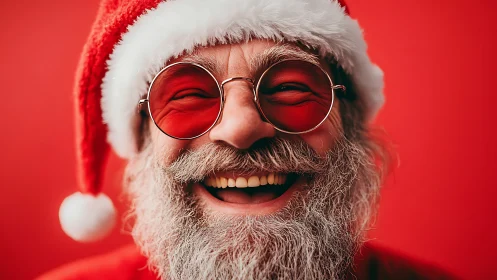 Laughing Santa in red glasses radiates festive holiday joy.