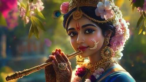 Digital portrait of ornate woman playing golden flute outdoors