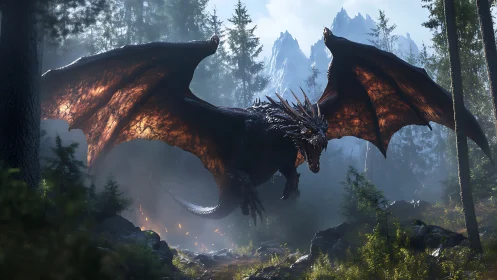 Volumetric-lit obsidian dragon gliding through alpine conifer forest.