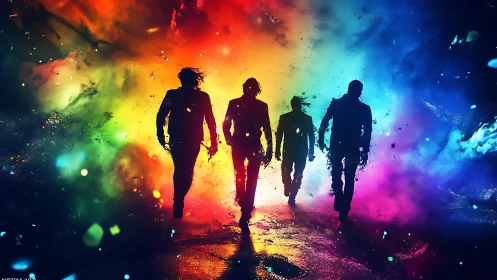 Bold silhouettes stride through a swirling rainbow dreamscape