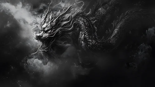 Monochrome eastern dragon emerging from dense storm clouds.