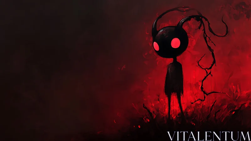 Horned shadow creature in crimson abstract inferno.