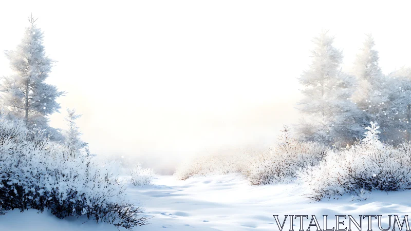 Digital winter woodland vista with luminous snowdrifts.