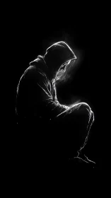 Hooded figure in stark silhouette against deep black void.