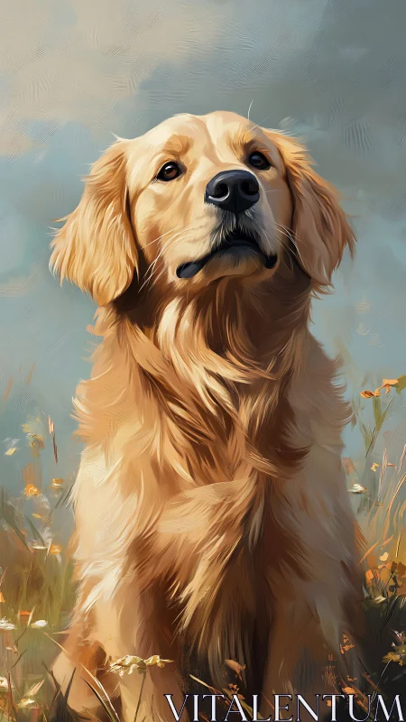Golden retriever portrait amid soft painterly meadow light.