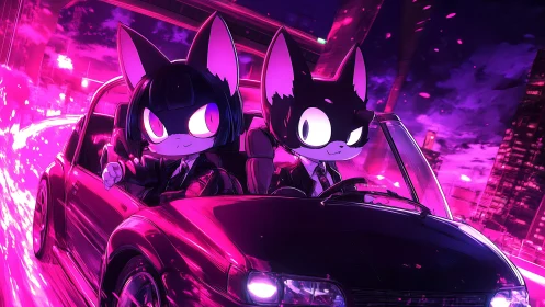 Neon cat agents driving night city highway in suits.