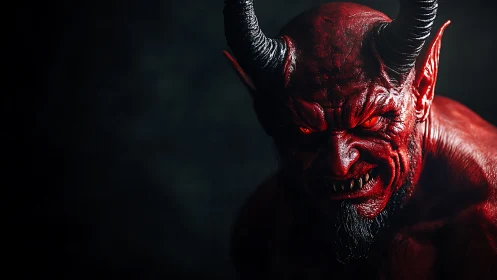 Horned red demon snarls under harsh dramatic lighting