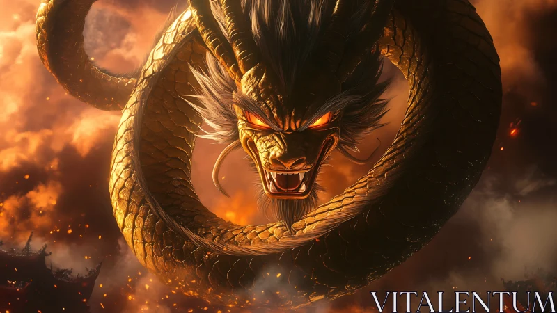 Golden dragon coils in midair with glowing eyes and fire