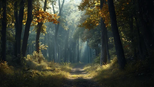 Sunlit Forest Path Through Golden Autumn Trees