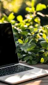 Open laptop on wooden desk integrates with sunlit green foliage