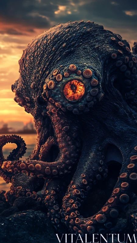 Ember-eyed sea colossus broods beneath a smoldering sky.