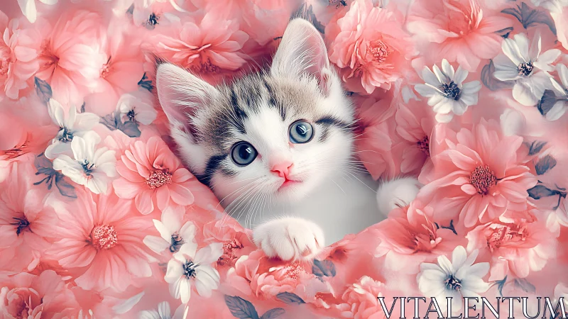Whisker Wonder: Tabby Kitten Nestled in Blooming Pink Reverie.