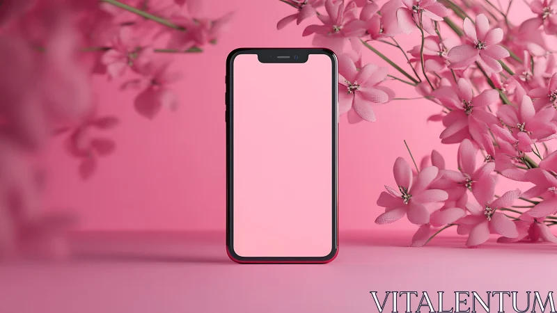 Monochrome pink smartphone render amid synthetic blossoms.