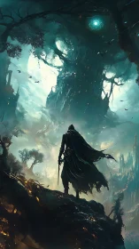 Cloaked wanderer confronts a glowing citadel beneath twin moons