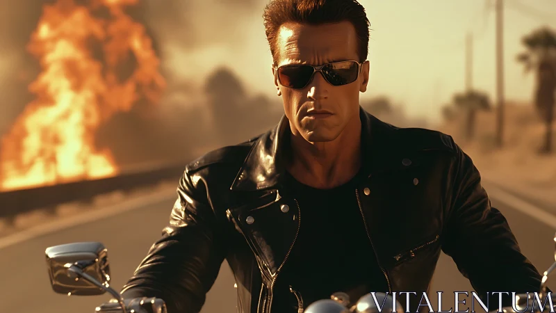 Motorcyclist in black leather jacket rides past highway explosion