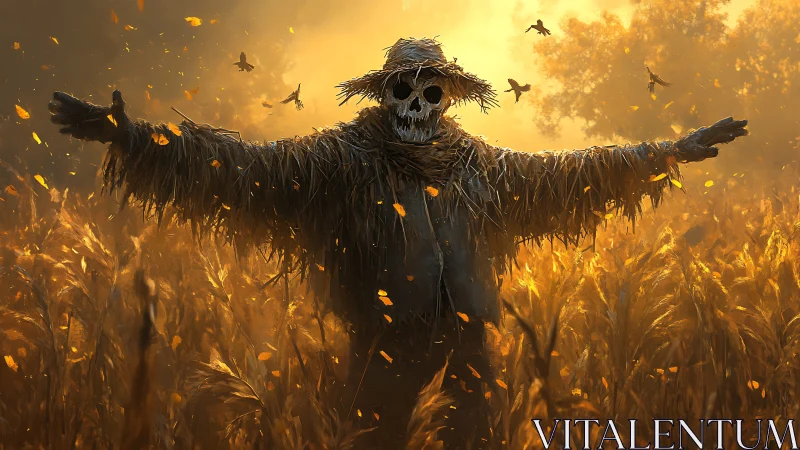 Scarecrow figure in golden cornfield at sunset light.