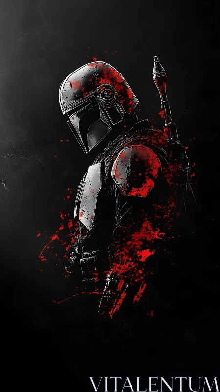 Lone armored warrior stands in red-splashed shadowed space