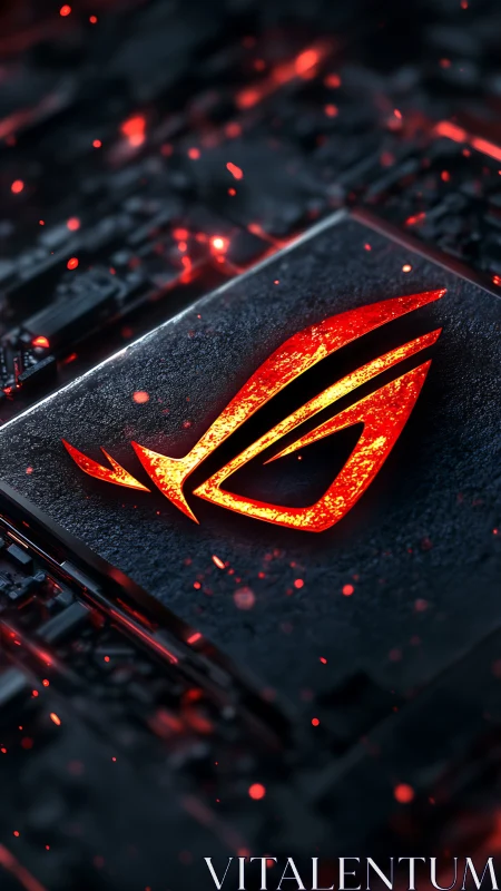 Glowing red gaming emblem embedded in textured circuit substrate