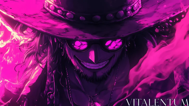 Mysterious outlaw in neon flames stares with blazing intent.