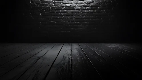 Dark brick wall and wooden floor under narrow overhead light.