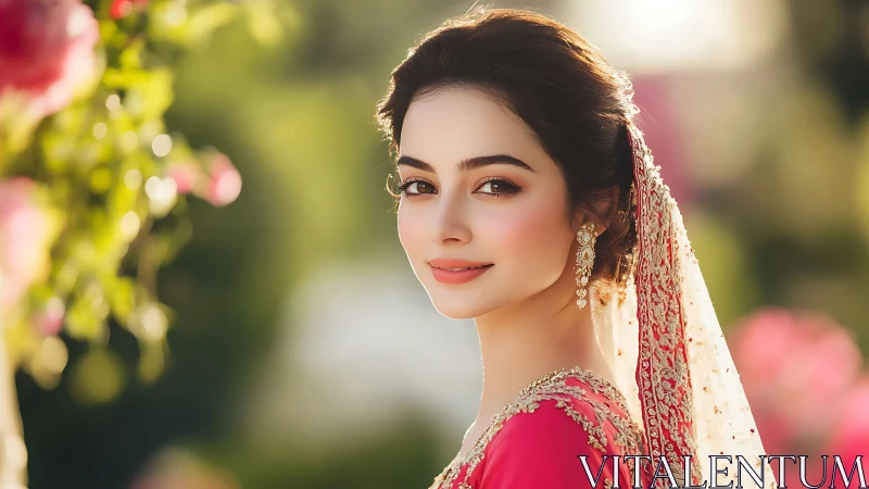 Bridal portrait in golden hour bokeh with embroidered dupatta