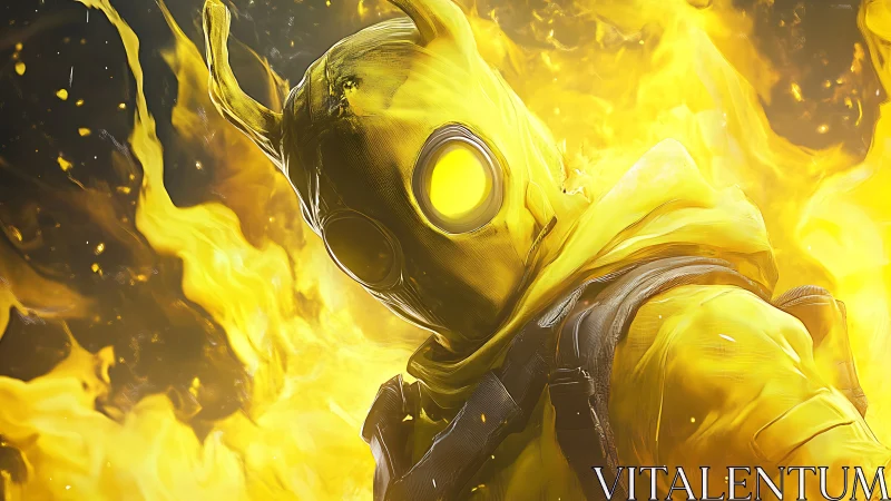 Yellow hazmat figure with glowing eyes in swirling flames.