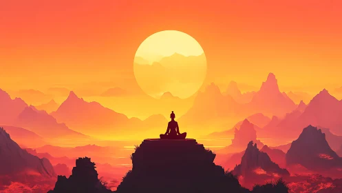 Meditating silhouette aligns with oversized sun in layered haze